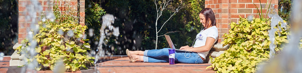 Student Studying on Laptop Computer at McKendree's Entryway Monument